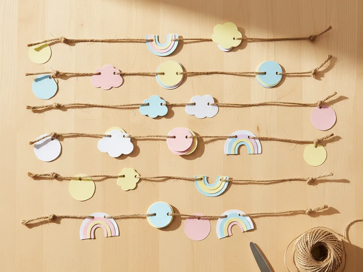 Five pieces of jute twine laid out side by side on a light wood craft table each strand threaded with three or four layered pastel paper shapes at staggered heights with small simple knots holding each shape in place