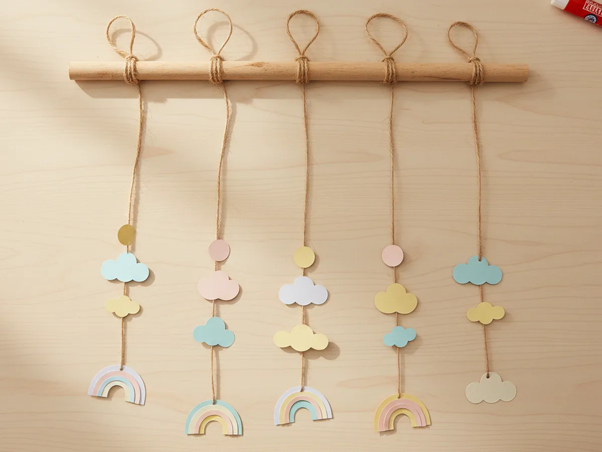 A 12 inch wooden dowel lying on a light wood craft table with five jute twine strands tied evenly along it using double knots and each strand holding three or four layered pastel paper shapes hanging straight down like a small soft curtain