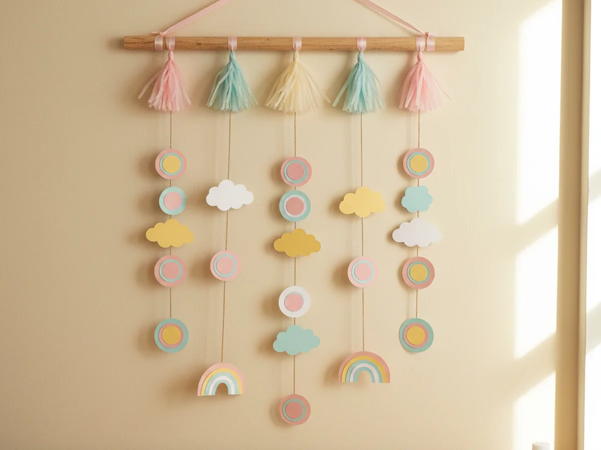 A finished handmade craft paper wall hanging with five jute twine strands tied to a wooden dowel, each strand strung with layered cardstock circles, scalloped clouds, and small rainbow arches in pastel pink, yellow, blue, and white, with three soft tissue paper tassels on the hanging ribbon, displayed against a cream nursery wall
