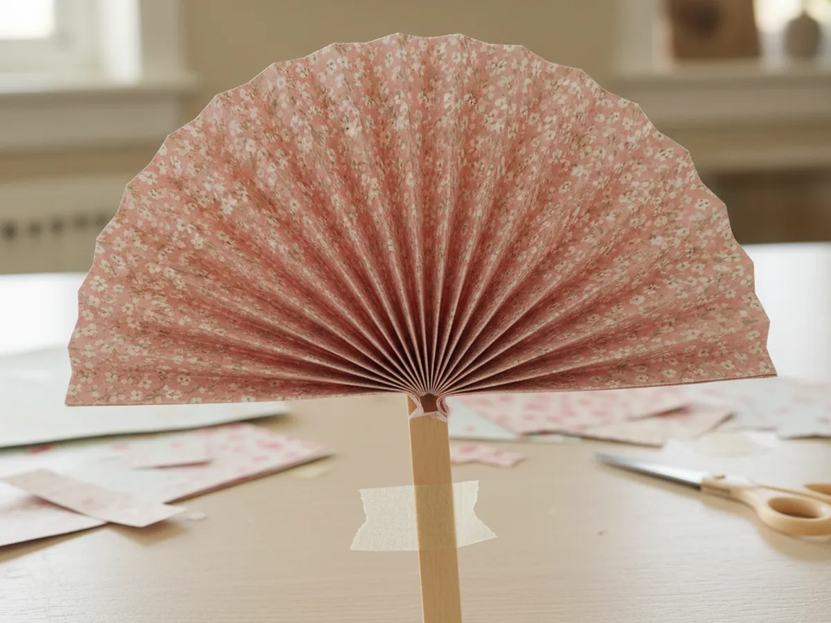 A handmade accordion paper fan folded from soft floral patterned paper with a wooden craft stick handle
