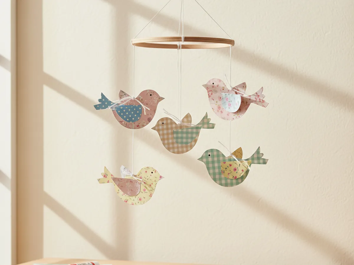 A handmade mobile with five small patterned paper birds in mixed florals and polka dots hanging on strings from a wooden hoop