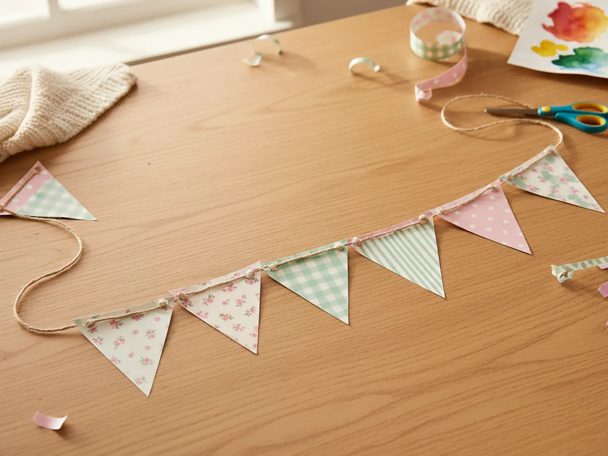 A handmade triangle bunting banner with assorted patterned paper pennants in florals, gingham, and polka dots strung on twine