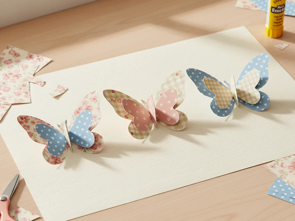 Three handmade layered patterned paper butterflies in mixed florals and polka dots with pinched dimensional centers