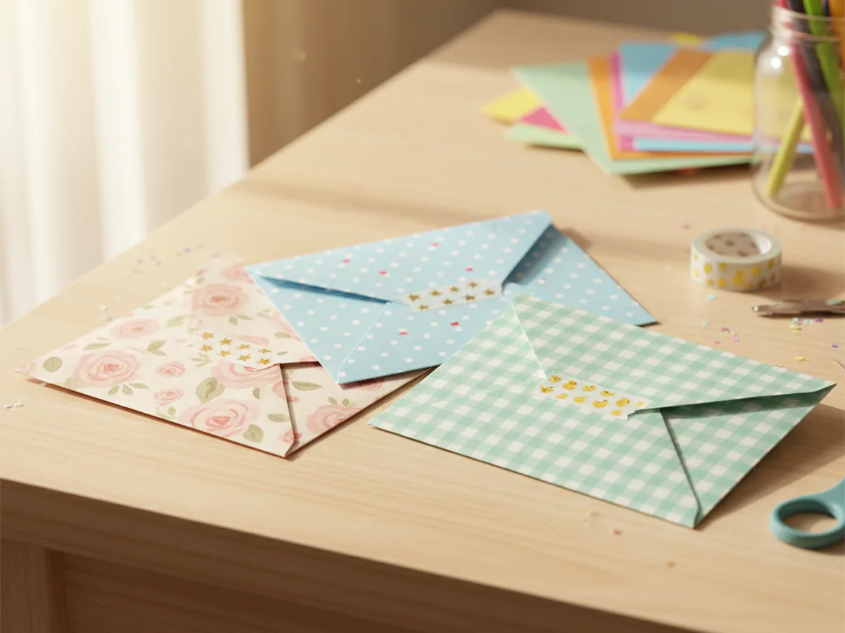 Three handmade patterned paper envelopes in different floral and polka dot prints sealed with tiny washi tape strips