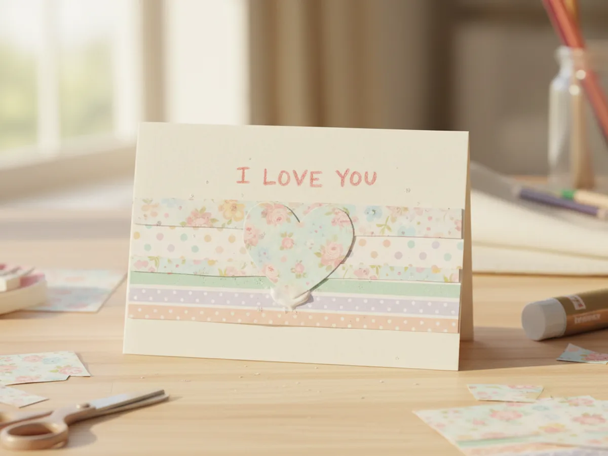 A handmade folded greeting card decorated with layered patterned paper strips and a centered patterned heart accent