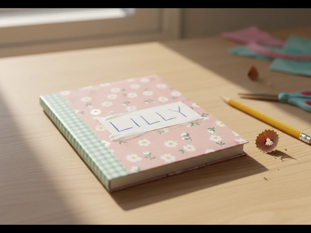 A plain notebook covered in soft pink floral patterned paper with a washi tape spine and a hand-written name label on the front