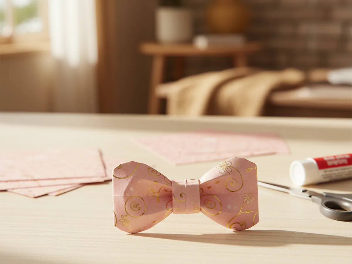 A handmade origami bow folded from a soft pink and gold patterned paper rectangle with a tiny wrapped center band
