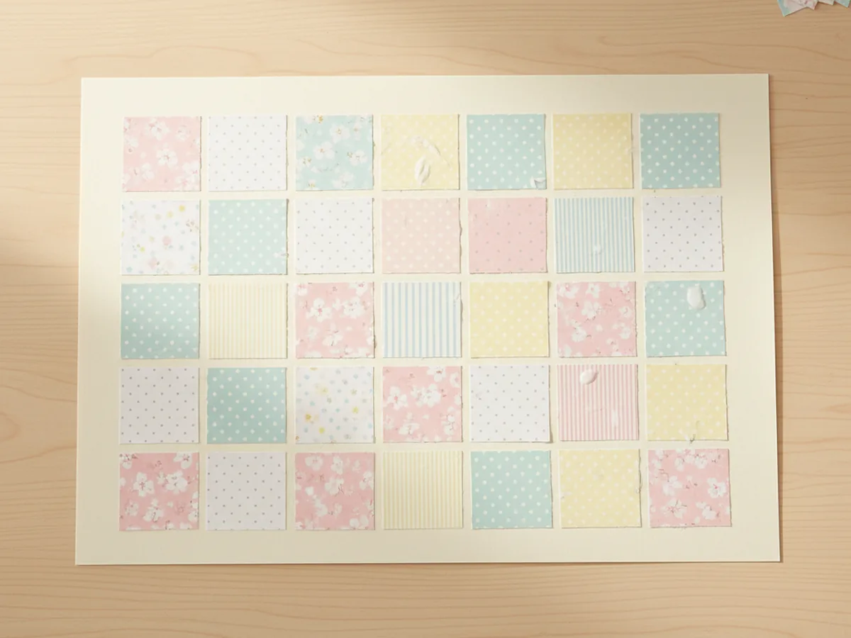 A handmade patchwork collage made from patterned paper squares glued onto cardstock in a colorful quilt-like grid