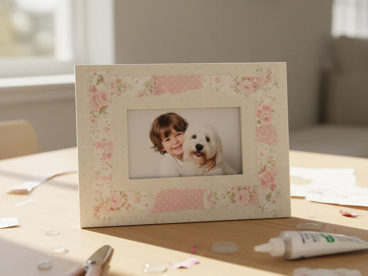 A handmade photo frame with cardstock backing covered in mixed patterned paper strips around the edges holding a small family photo