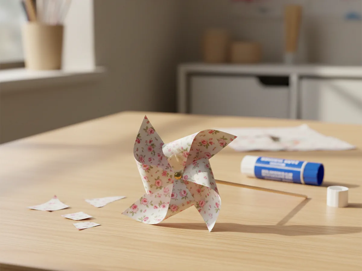 A handmade pinwheel made from a square of double-sided floral patterned paper pinned to a wooden skewer