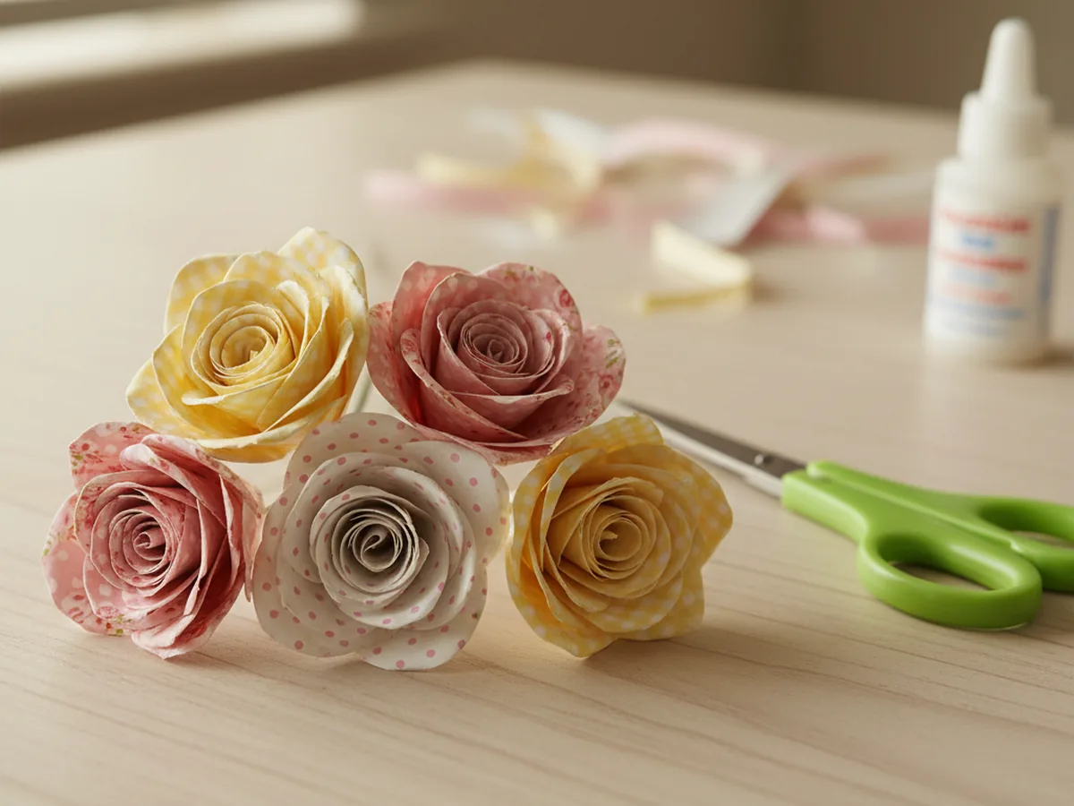 A small bouquet of handmade rolled paper roses made from spiraled patterned paper strips in pink, yellow, and floral prints