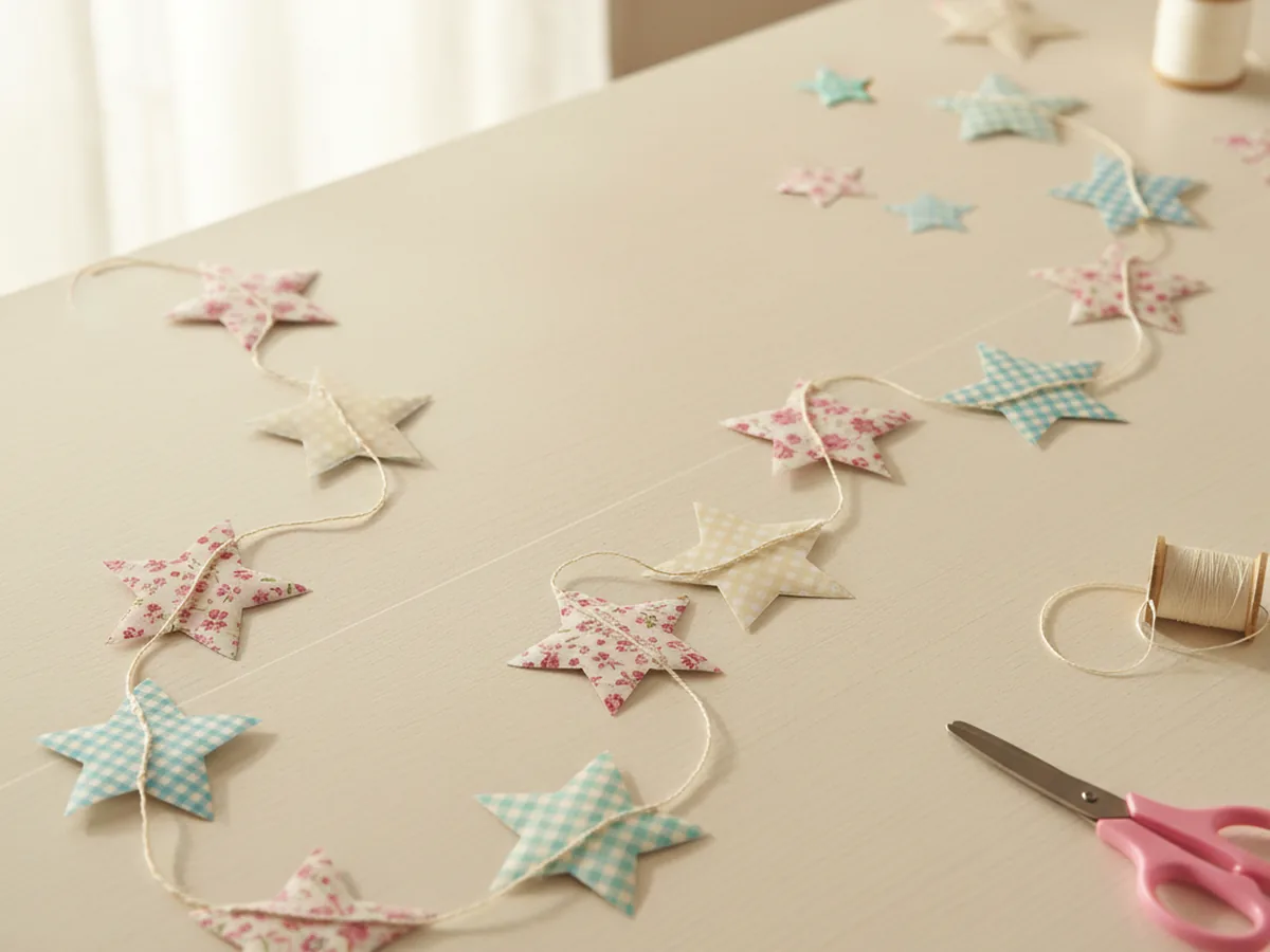 A handmade star garland made from patterned paper stars in mixed florals and gingham sewn together down the middle with thread