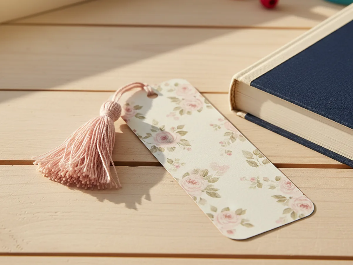 A handmade patterned paper bookmark in a floral print with rounded corners and a soft pink yarn tassel at the top