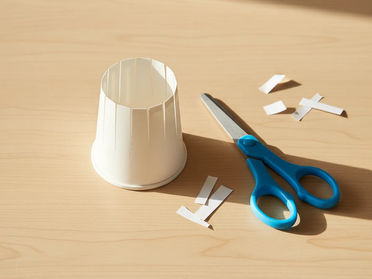 A small white paper cup turned upside down with eight petal slits cut from the rim down to the marked stopping point, the petal strips still pointing straight up like a closed tulip, with kid scissors lying beside it on a white craft table
