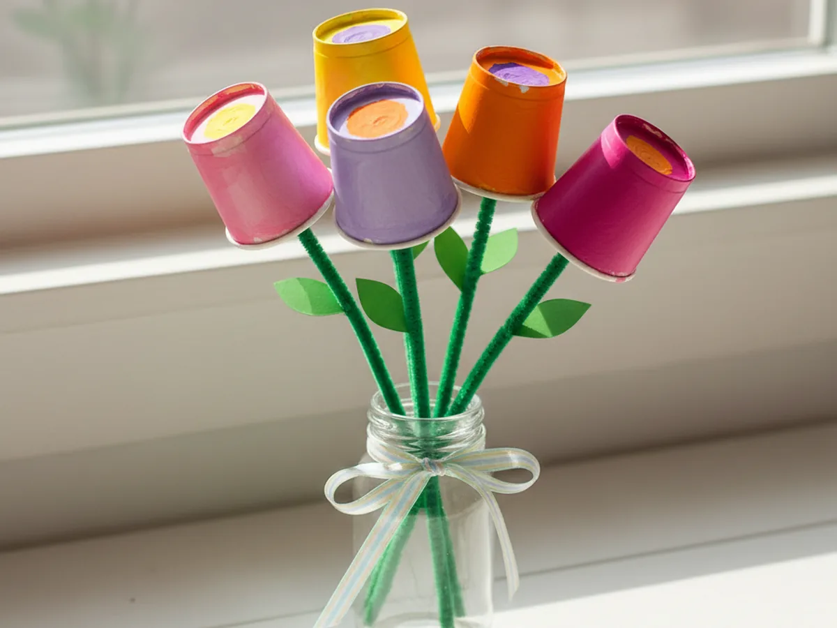The completely finished craft using paper cups arranged as a cheerful flower bouquet with pink, yellow, and purple painted cup blooms, green pipe cleaner stems, and small green paper leaves, displayed in a clear glass jar on a sunny windowsill