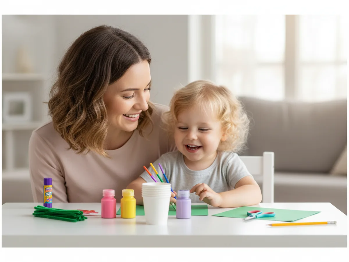 A mom and her young child sitting together at a craft table with small white paper cups, washable kids paint, paint brushes, green pipe cleaners, and green construction paper, ready to start a craft using paper cups