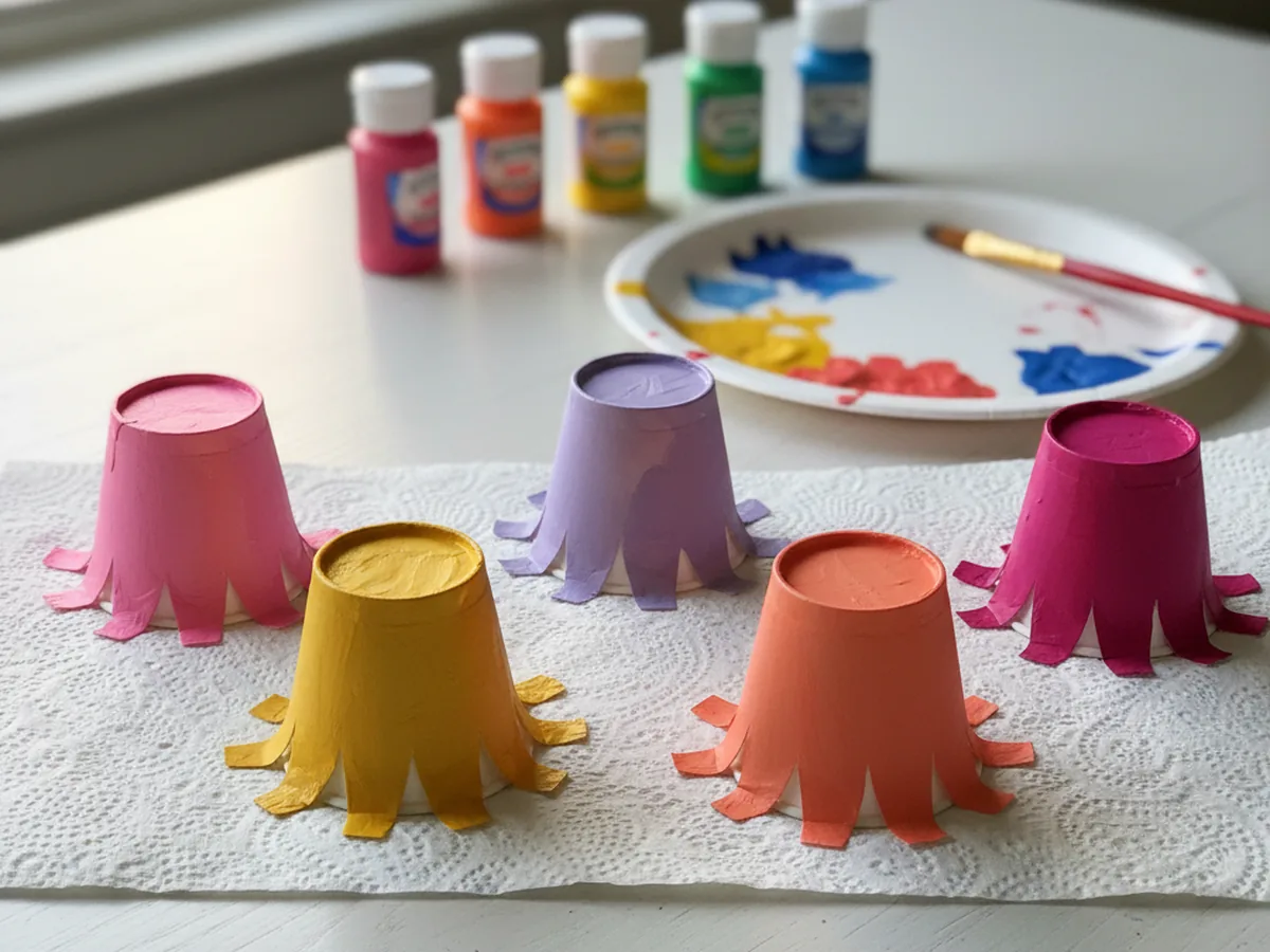 Several paper cup flowers freshly painted in bright colors including pink, yellow, purple, and orange, drying on a sheet of paper towel on a white craft table next to small bottles of washable kids paint and a paint brush