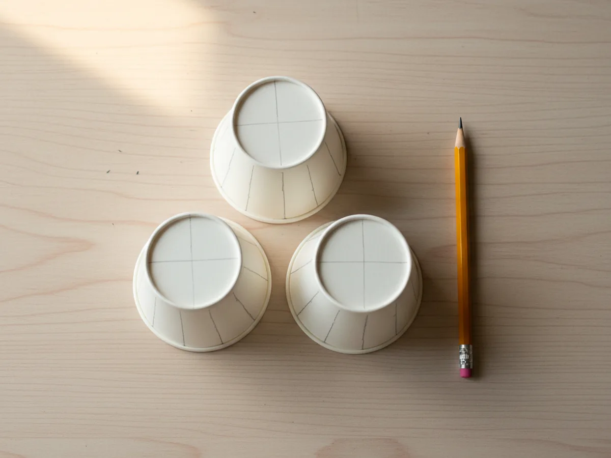 Three small white Dixie paper cups sitting upside down on a white craft table, each marked with eight evenly spaced light pencil lines running vertically from the rim down toward the base, ready for cutting the petal slits