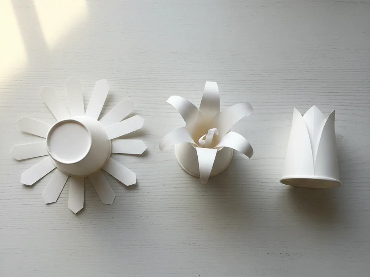 Three white paper cups with their cut petals now pressed open into different flower shapes, one shaped like a flat daisy, one shaped like a tulip with curled tips, and one with petals folded outward like a lily, sitting on a white craft table