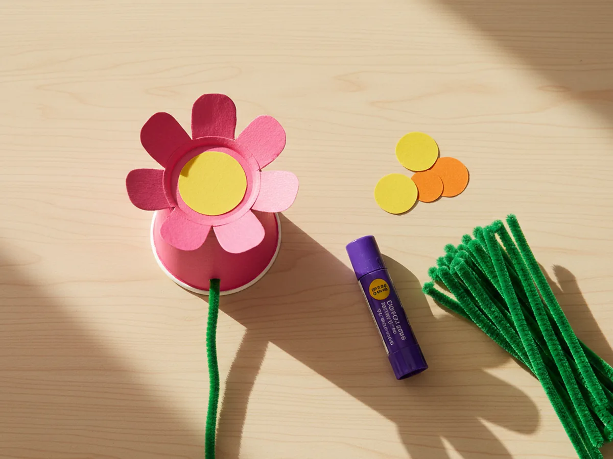 A finished paper cup flower with a yellow paper circle glued inside as the bloom center and a long green pipe cleaner pushed through the cup base as a stem, lying beside extra paper centers and a roll of green pipe cleaners