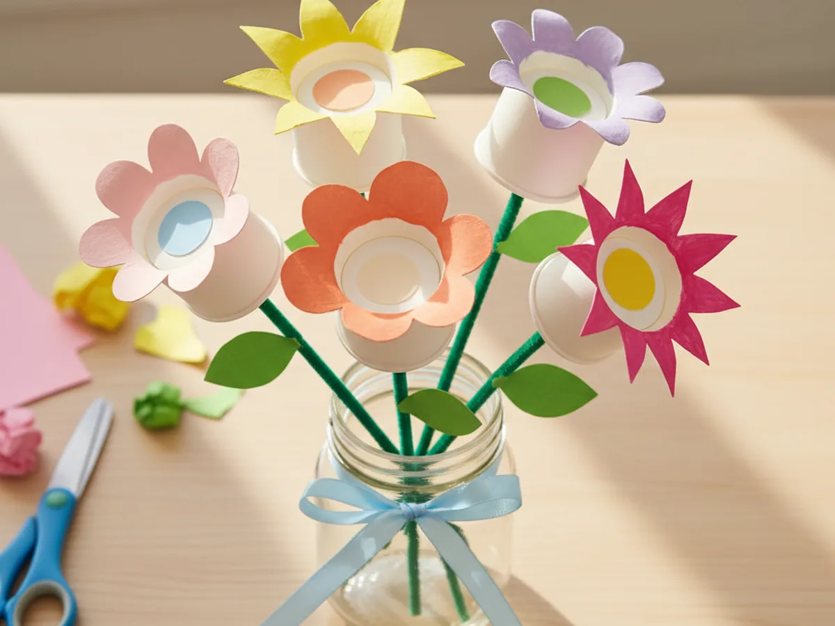Finished craft using paper cups arranged as a colorful flower bouquet with pink, yellow, and purple painted cup blooms, green pipe cleaner stems, paper leaves, and a small glass jar