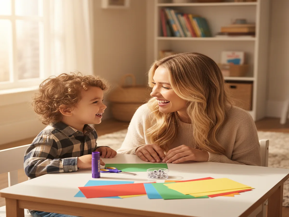 A mom and young child sitting together at a craft table, excited to start making a paper caterpillar