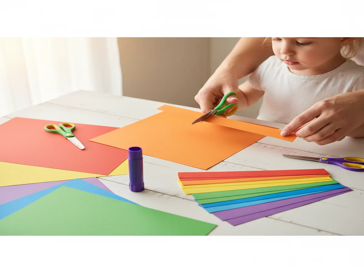 A mom and child gathering colorful construction paper, scissors, a glue stick, and markers on a bright kitchen table