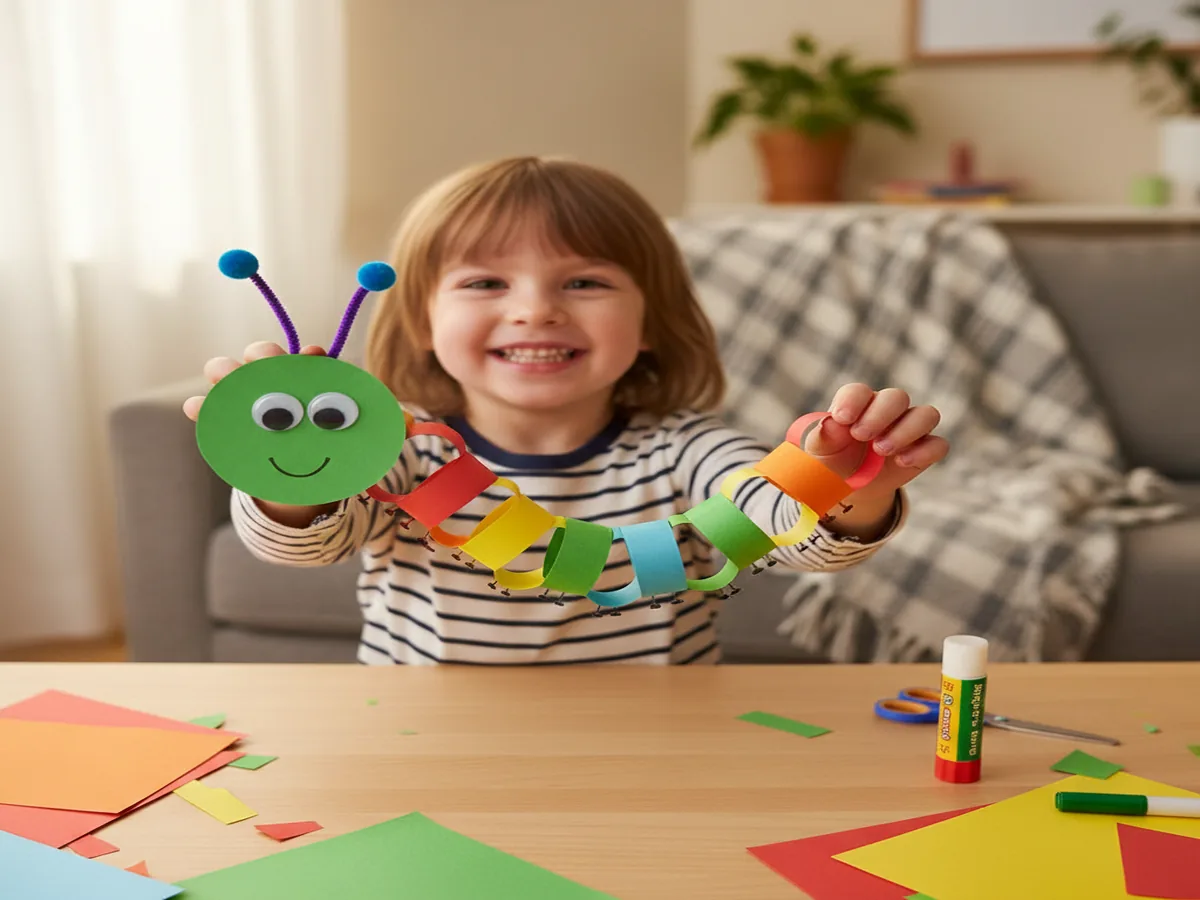 Proud toddler holding up a finished colorful paper flower garden artwork with a big smile, craft displayed on the ref...