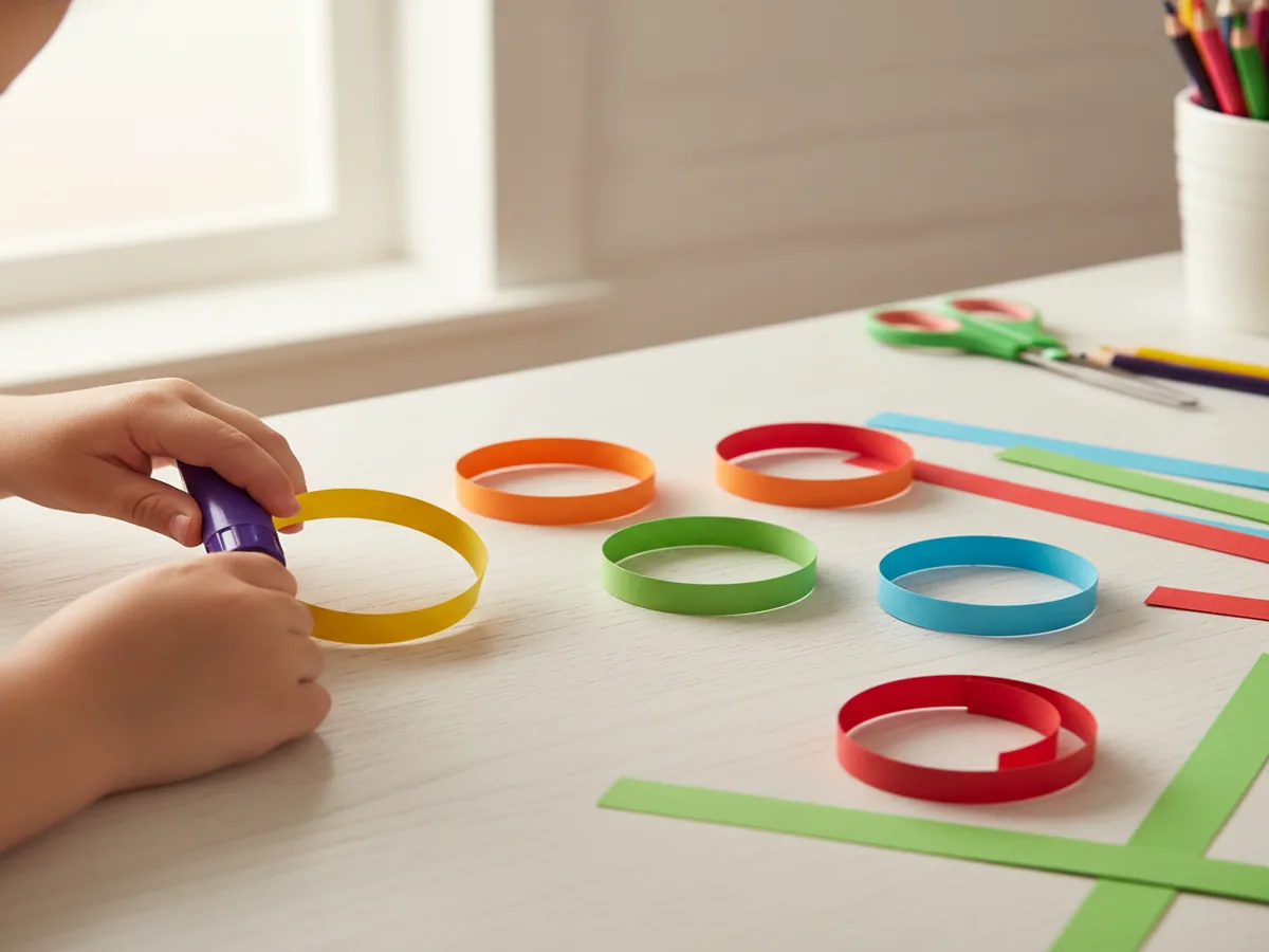 Small child hands folding a piece of colored paper in half and cutting out a simple rounded flower shape with kid-saf...