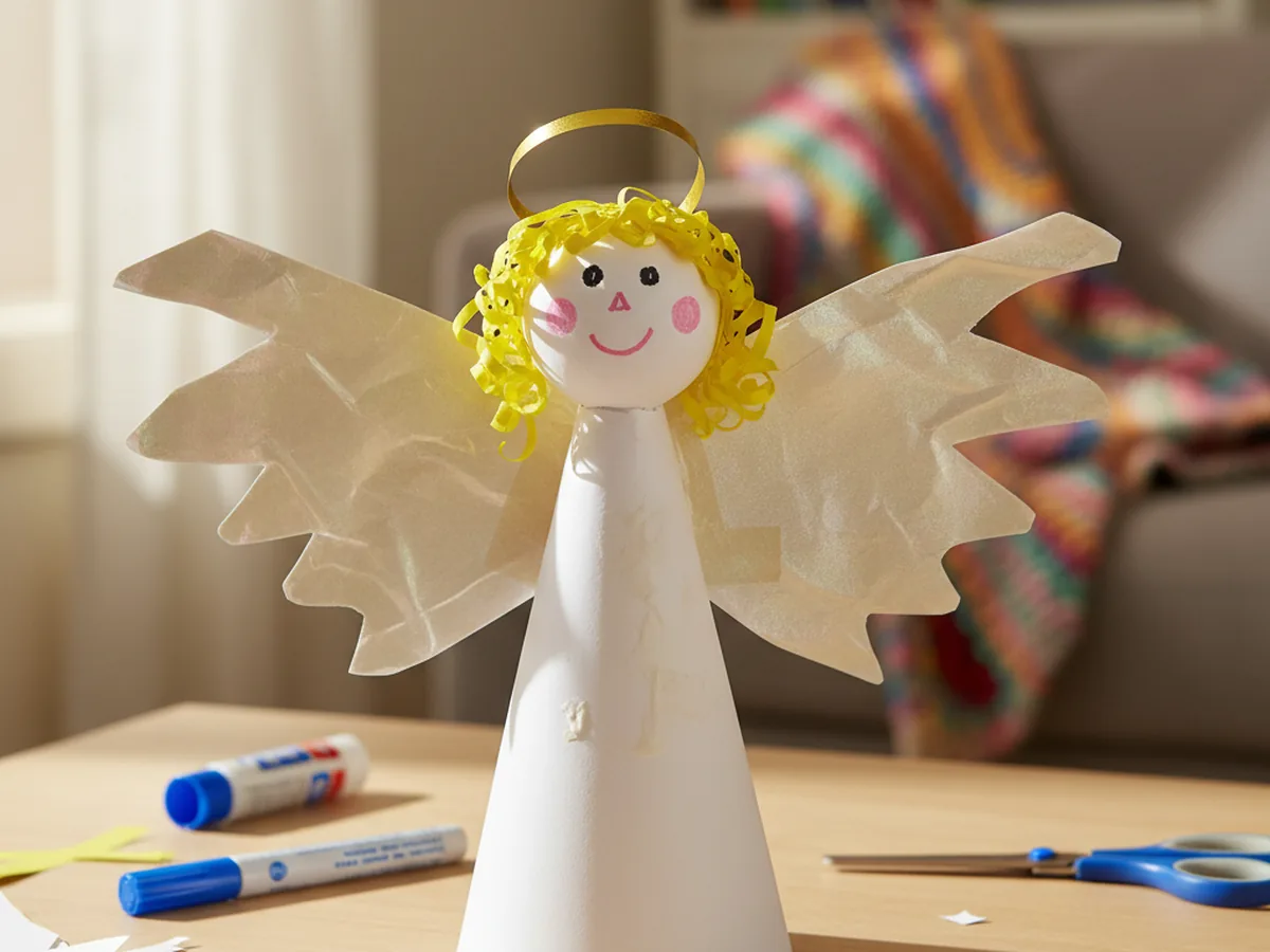 White construction paper angel with paper wings, a round face, and a gold paper halo standing on a craft table