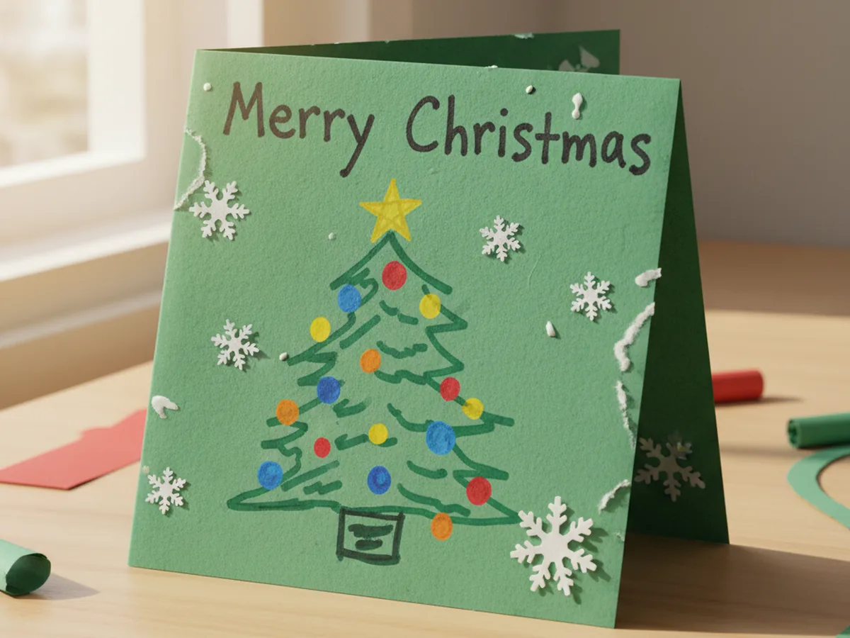 Handmade folded construction paper Christmas card decorated with a child's marker drawing of a Christmas tree