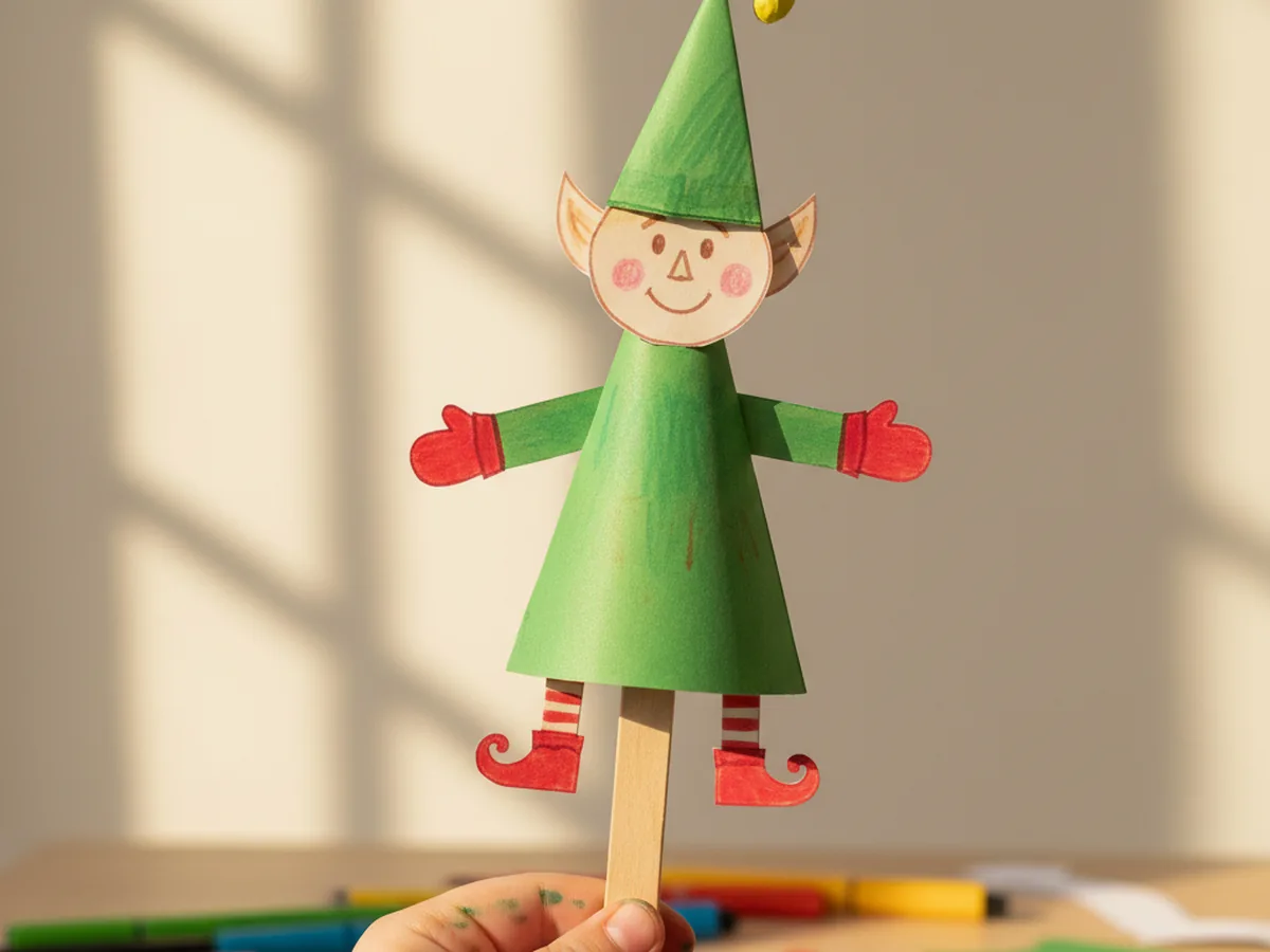 Handmade construction paper elf puppet with a green cone body, pointed hat, and tiny paper hands on a craft stick