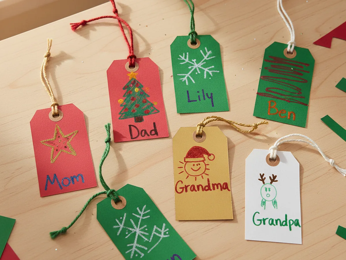 Handmade colorful construction paper gift tags decorated with marker drawings and tied with yarn on a craft table