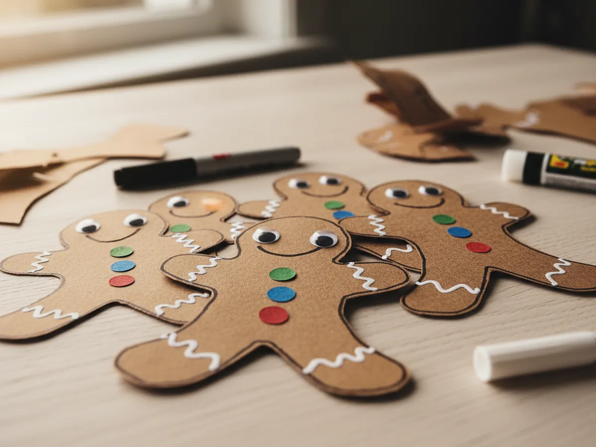 Brown construction paper gingerbread man decorated with white marker icing and small paper buttons on a craft table