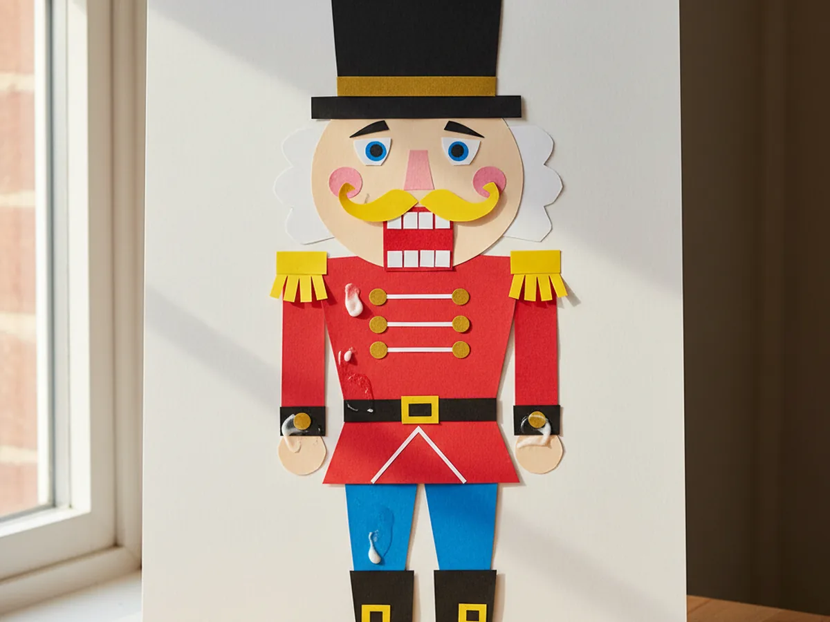 Flat construction paper nutcracker figure made from layered red, blue, and gold paper pieces with a wide paper grin