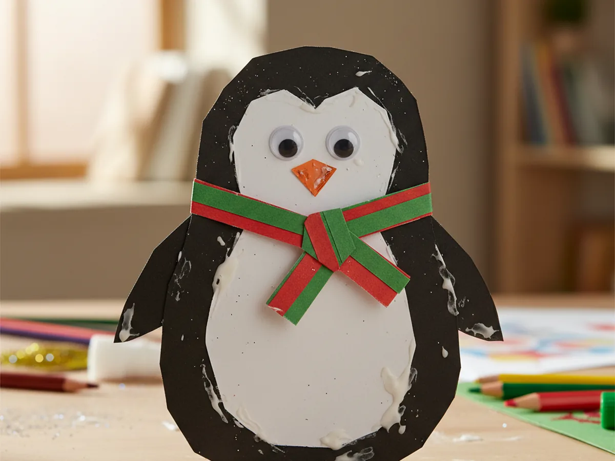Cute black and white construction paper penguin with a red and green paper scarf and googly eyes on a craft table