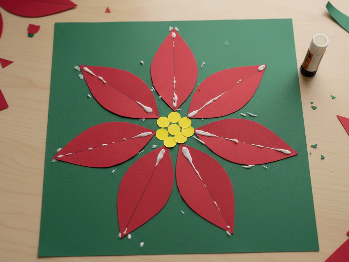 Red construction paper poinsettia flower with yellow center circles glued on a green paper background