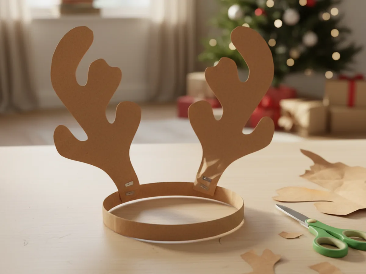 Brown construction paper reindeer antler headband with cut paper antler shapes stapled to a paper band