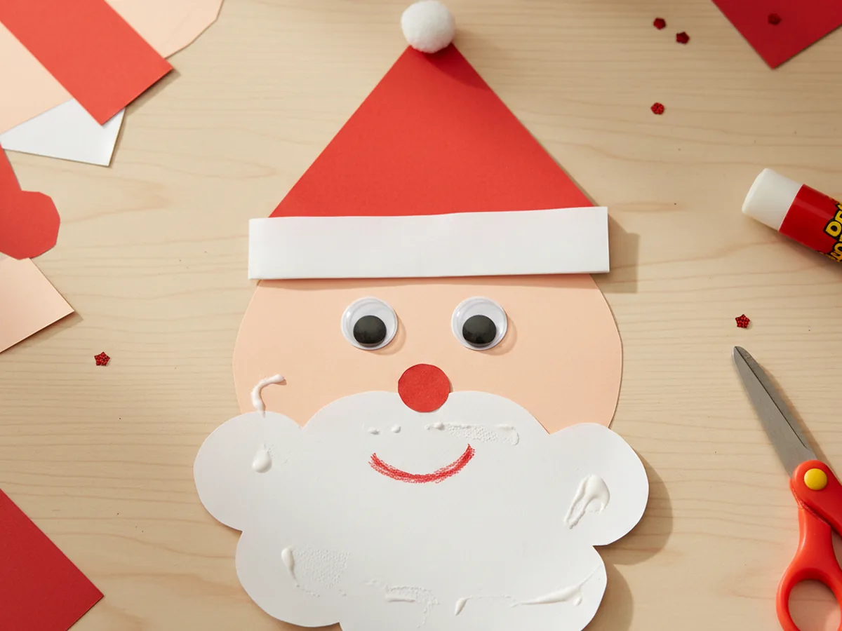 Handmade construction paper Santa face with white paper beard, red hat, and googly eyes on a craft table