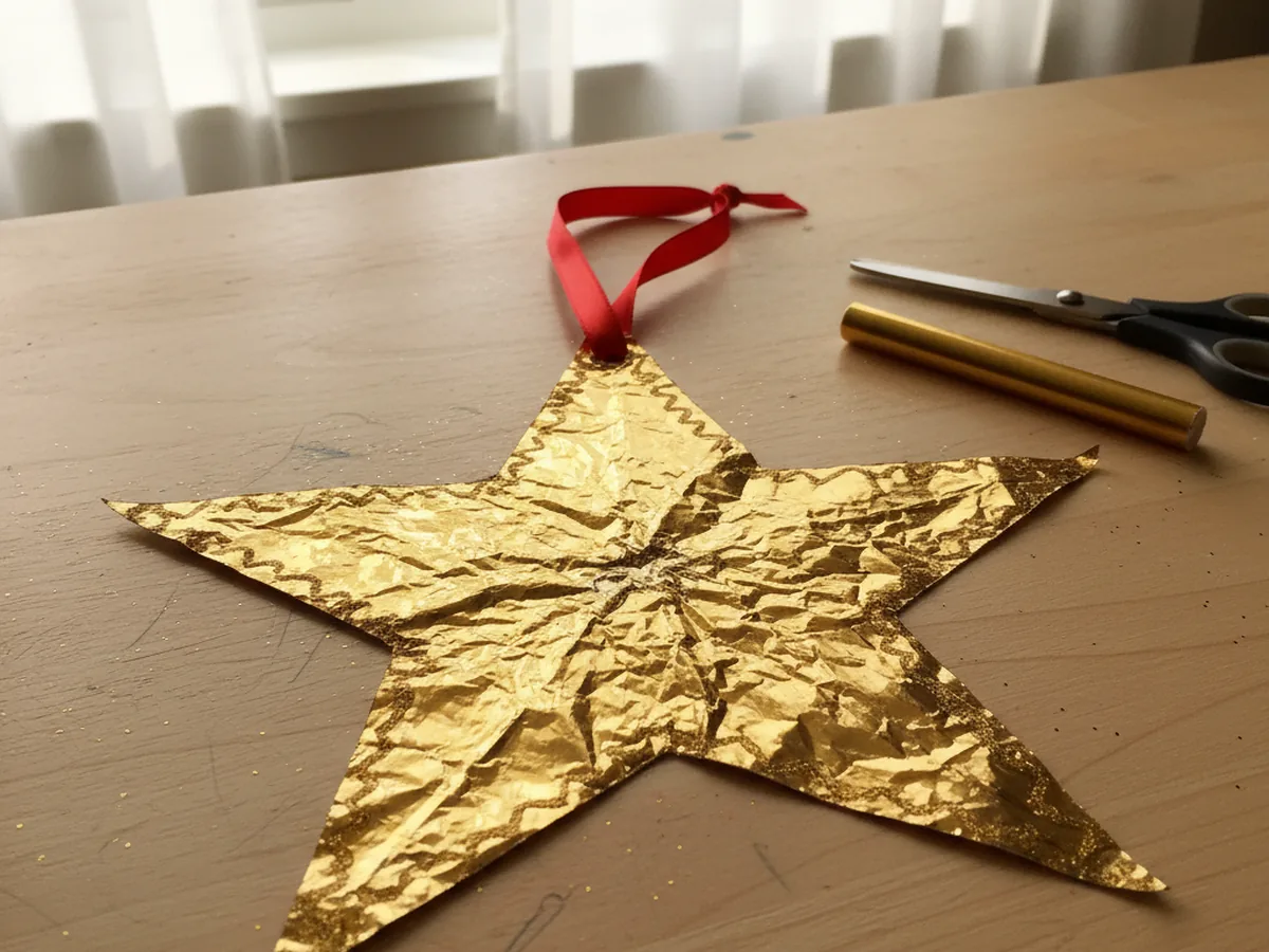 Large gold construction paper Christmas star with metallic marker edges and a ribbon loop for hanging