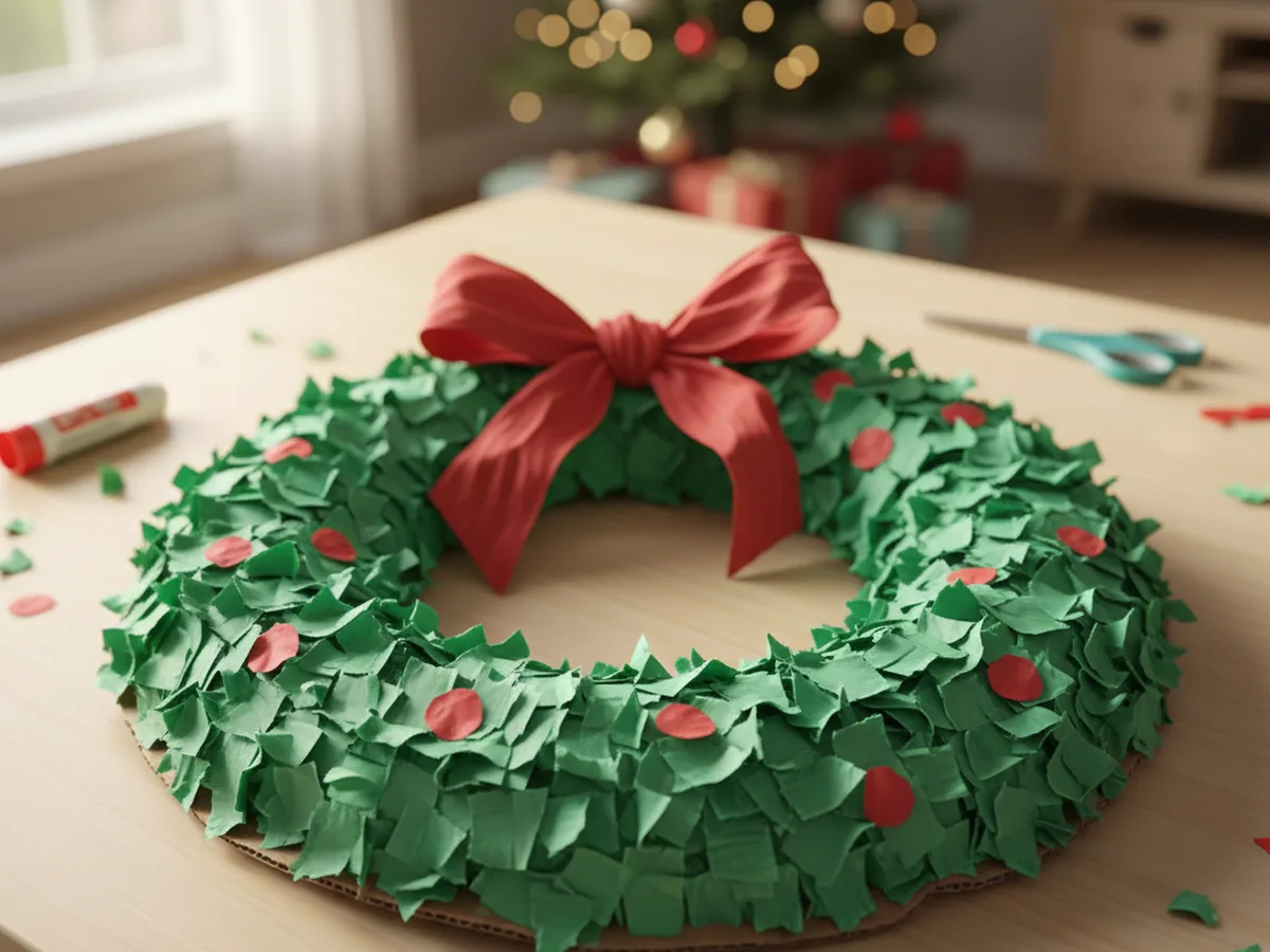 Handmade green torn-paper Christmas wreath ring with red paper berry dots and a red ribbon bow on a craft table