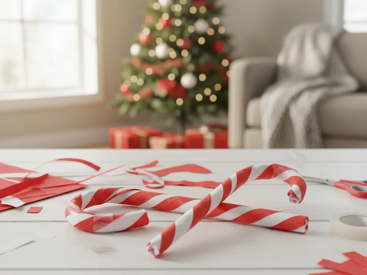 Handmade twisted red and white construction paper candy cane on a light wood craft table