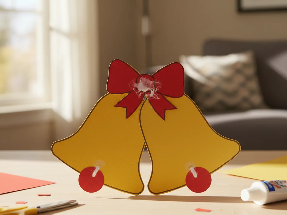 Pair of gold construction paper Christmas bells with red paper bows and small paper clappers on a yarn string