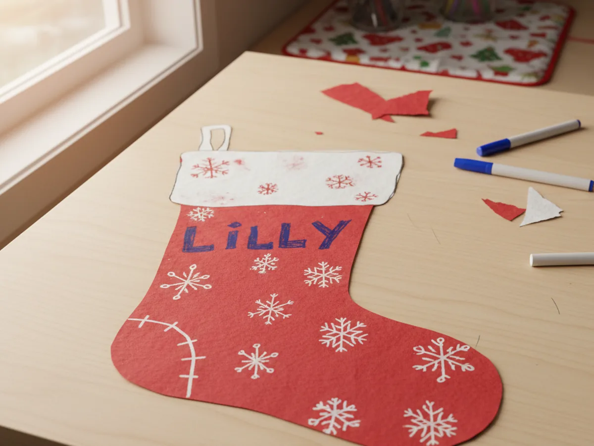 Red construction paper Christmas stocking with a white paper cuff decorated with marker snowflakes