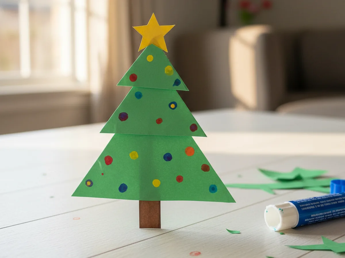 Layered green construction paper Christmas tree with marker ornament dots and a yellow paper star on a craft table