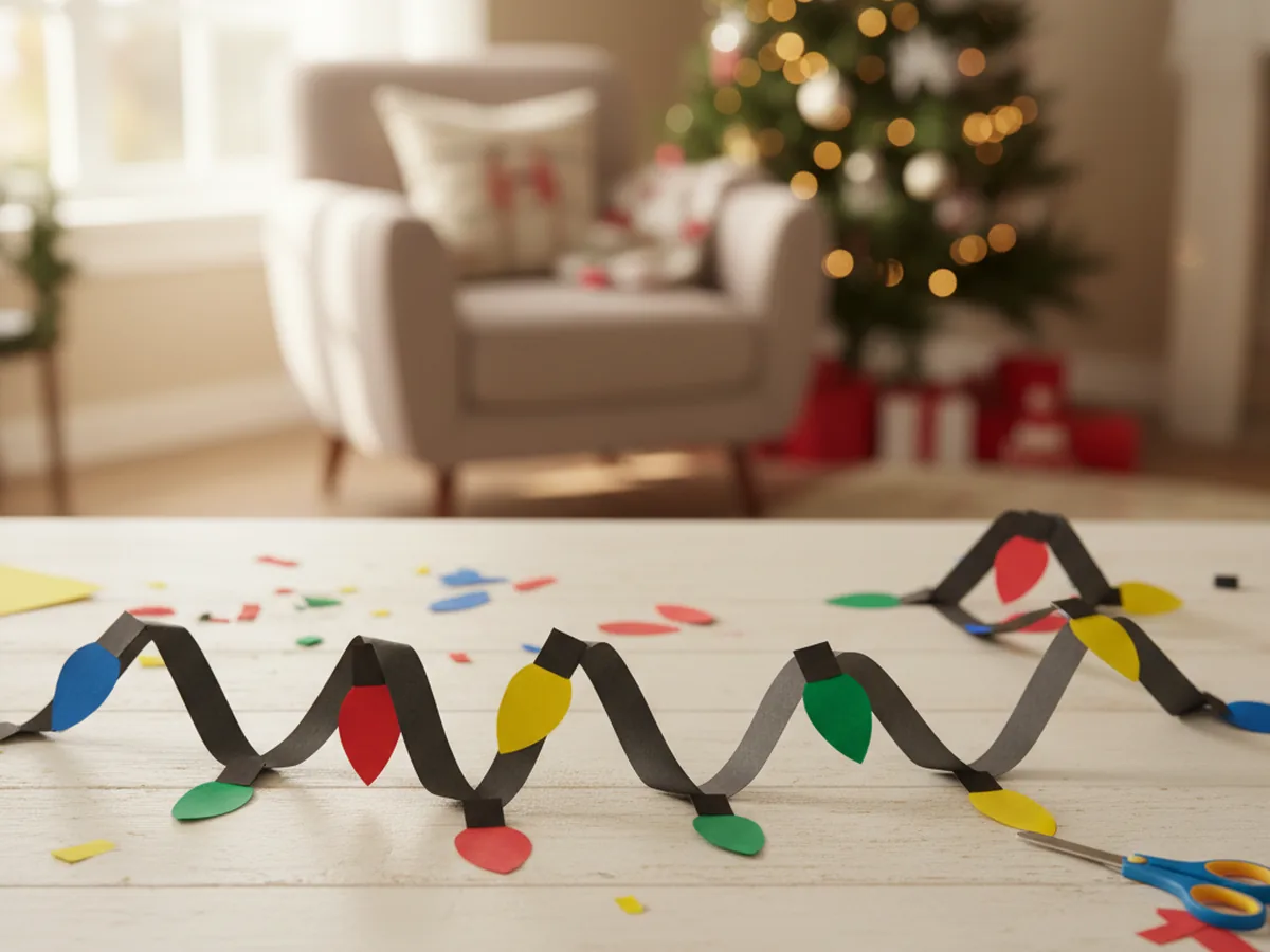 Handmade construction paper Christmas lights garland with colorful paper bulbs on a black paper string spread on a table