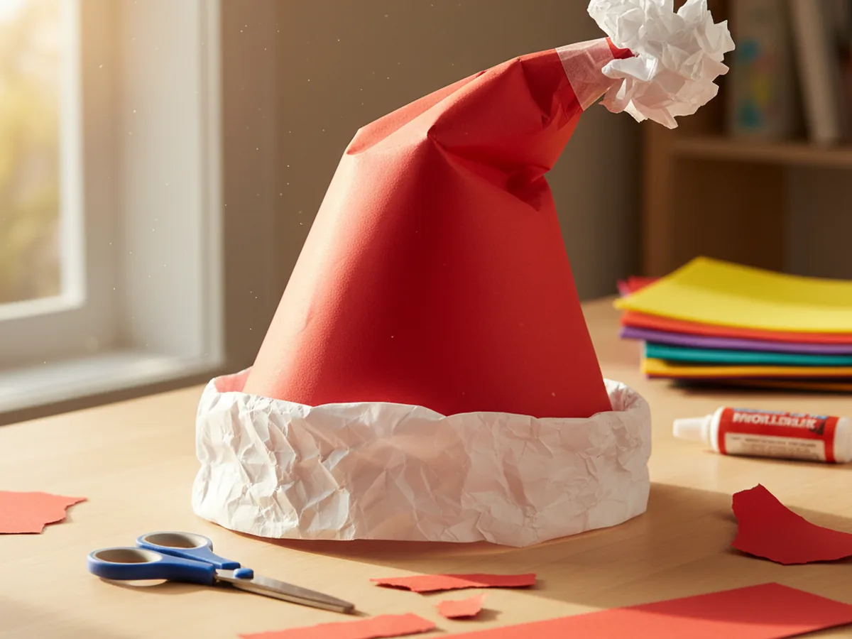 Wearable red construction paper Santa hat with a white paper brim and a white paper ball at the tip on a craft table