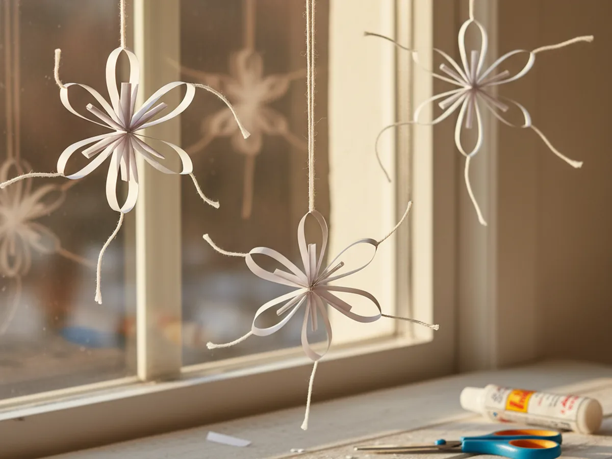 Three-dimensional white construction paper snowflake mobiles hanging on yarn in front of a window