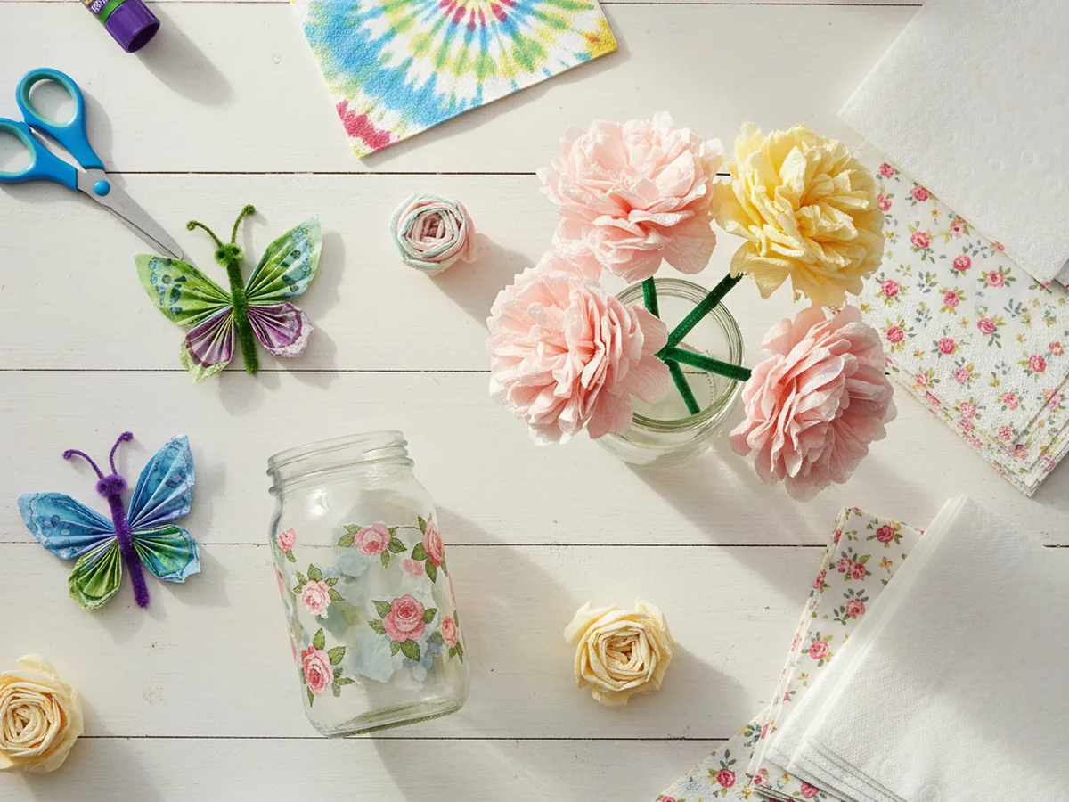 A bright spread of handmade crafts using paper napkins including napkin flowers, butterflies, a decoupage jar, and tie-dye napkin art on a white craft table