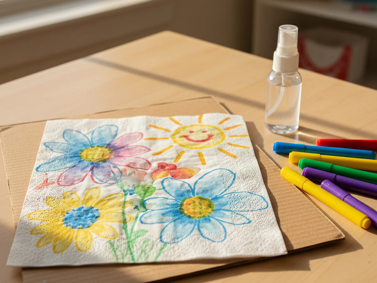 A child's colorful marker drawing on a white paper napkin sprayed with water, blending into a soft watercolor effect on a craft table